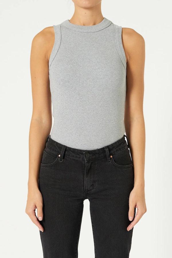 Aleja Top - High Neck Ribbed Tank Top in Grey Marle