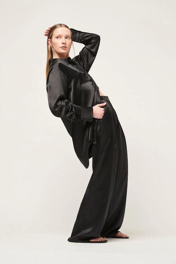 Black Pleated silk-satin wide-leg pants, Michael Lo Sordo #silk #trousers # outfit #silktrousersoutfit Mi…