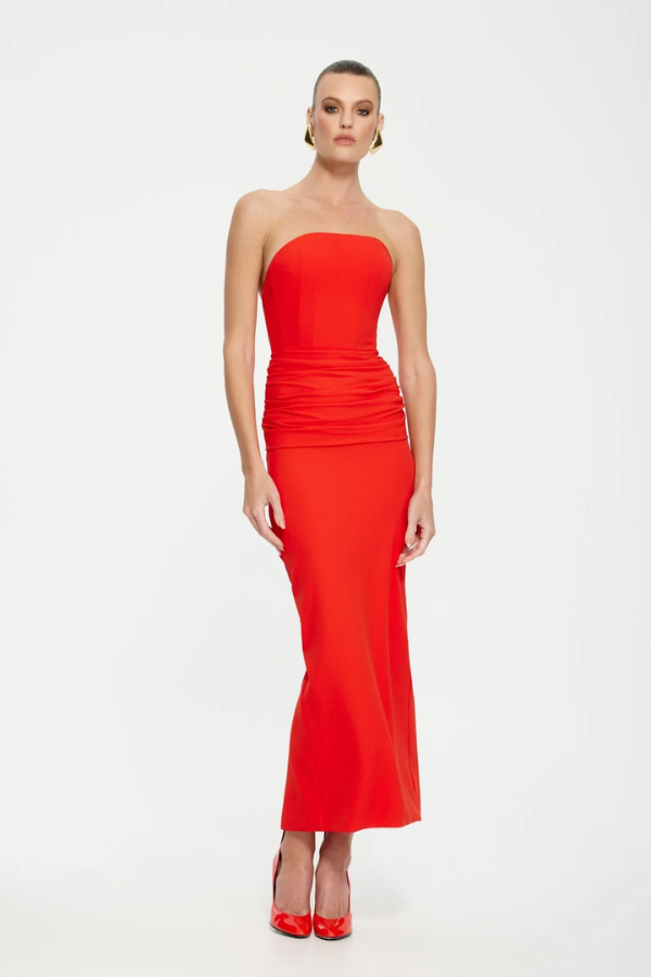 Effie Kats | Astor Strapless Midi Dress Cherry Red | Girls with Gems