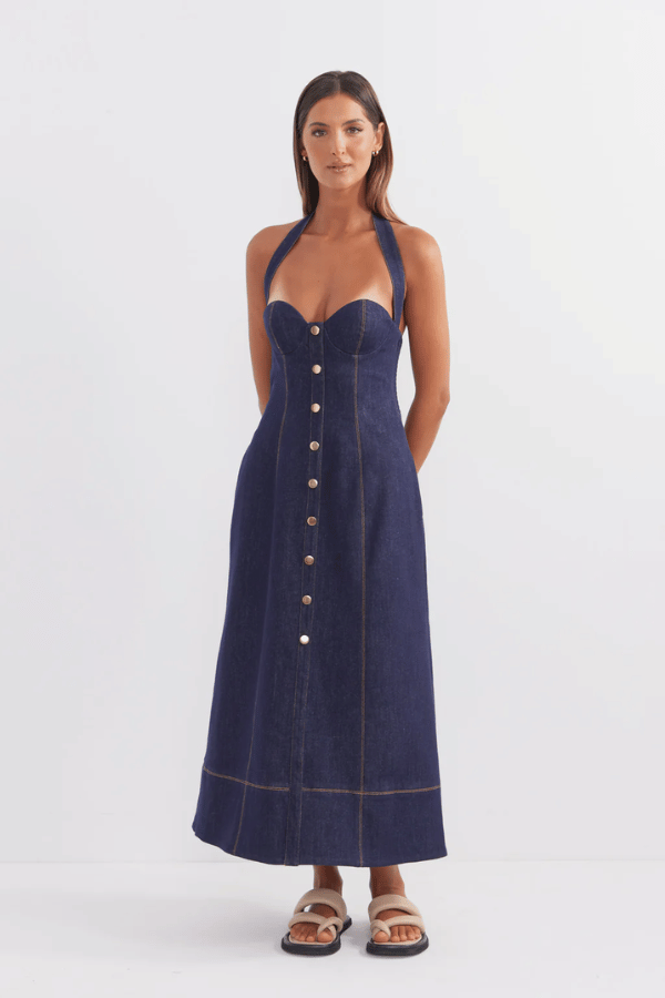 Pasduchas | Cappella Halter Midi Dress Indigo | Girls With Gems