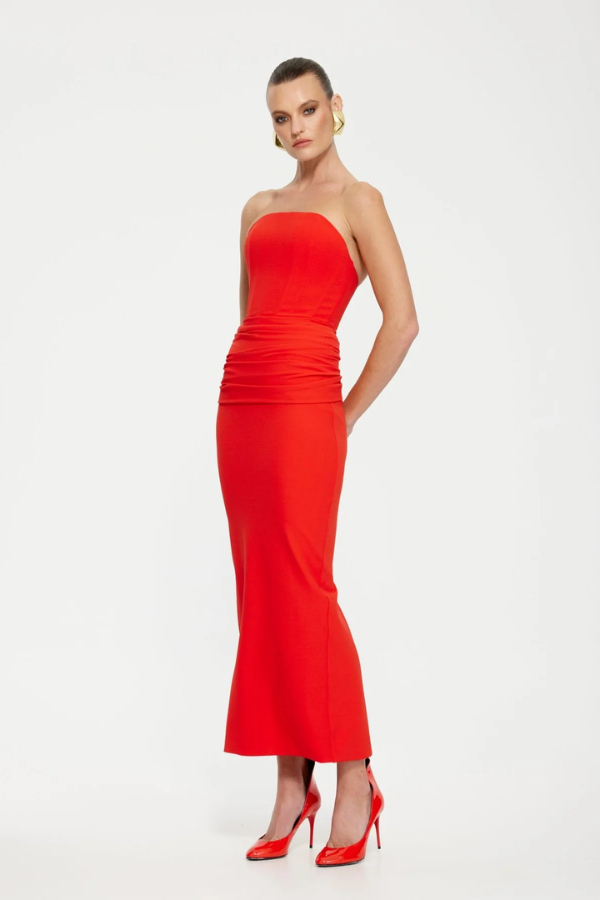 Effie Kats | Astor Strapless Midi Dress Cherry Red | Girls with Gems