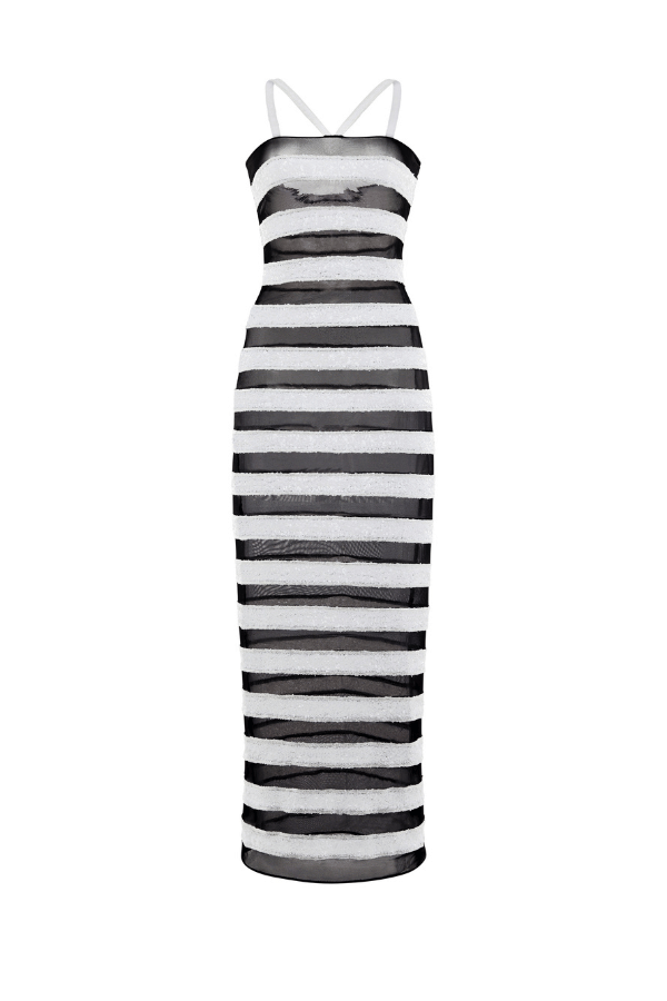 Oséree | Paillettes Stripes Dress Black and White | Girls with Gems