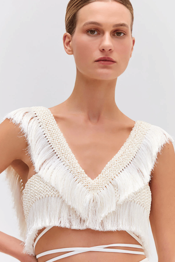 PatBo | Fringe Trim Cropped Top Bone | Girls with Gems