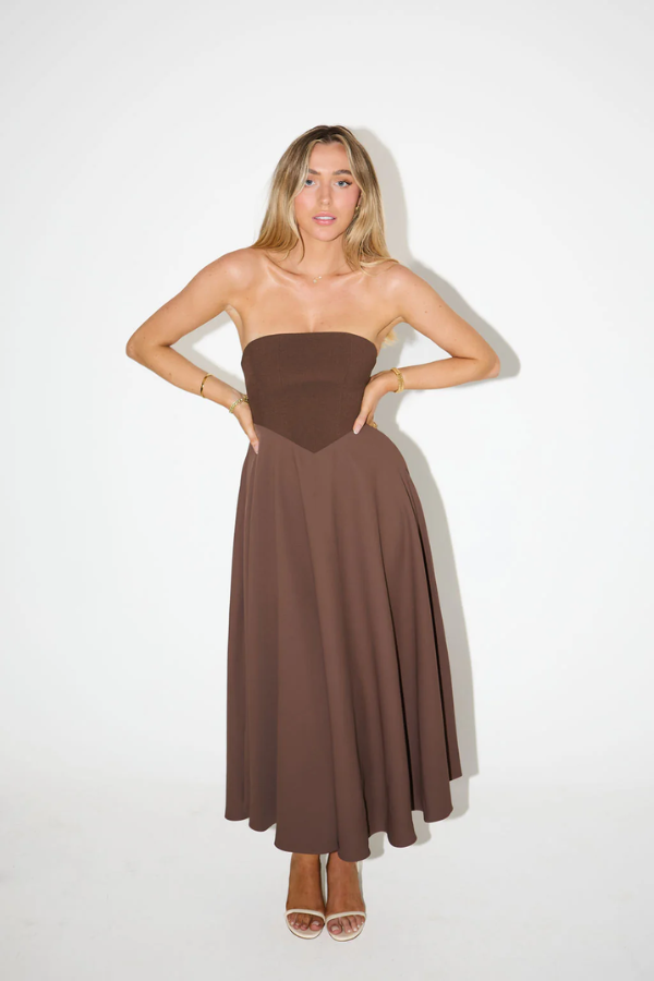 Odd Muse | The Ultimate Muse Strapless Midi Dress Brown | Girls with Gems