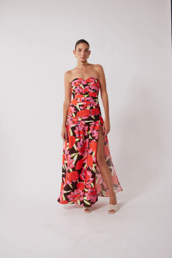 The Wolf Gang | Dolcie Strapless Maxi Dress Rojo Print | Girls With Gems