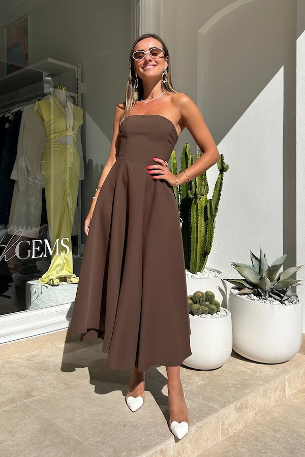 Odd Muse | The Ultimate Muse Strapless Midi Dress Brown | Girls with Gems