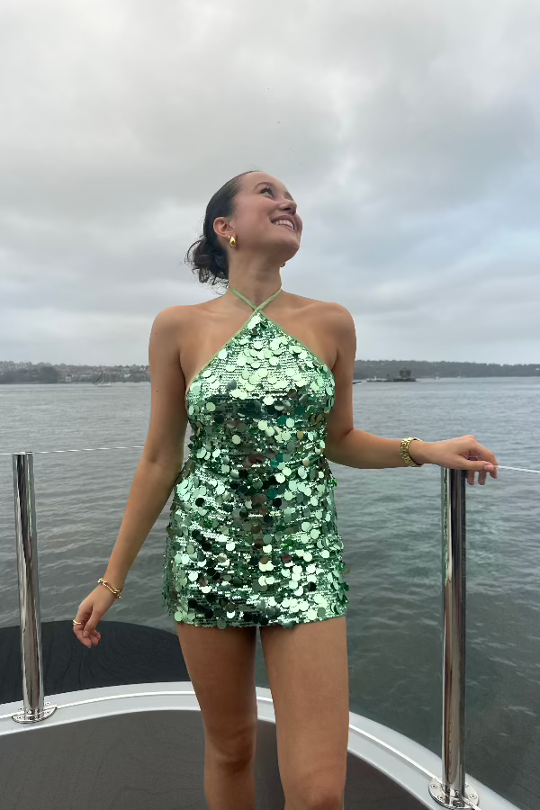 Sneaky Link | Bambi Mini Skirt Green Sequin | Girls With Gems