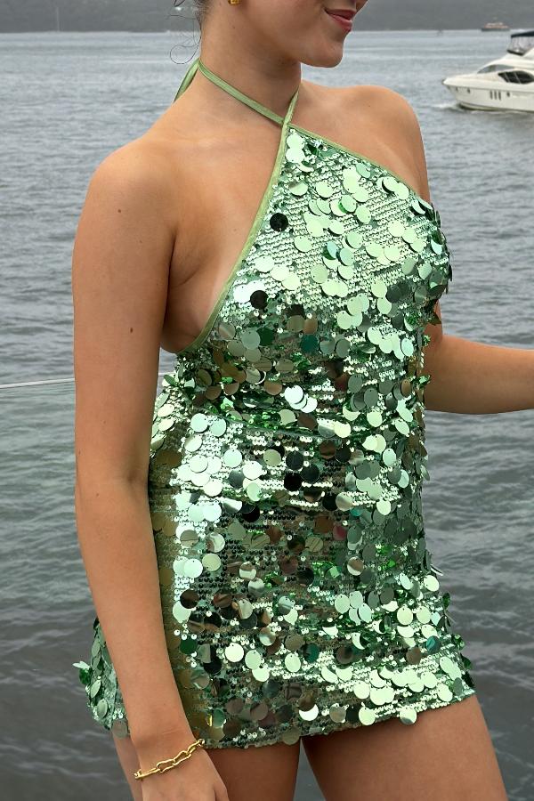 Sneaky Link | Bambi Halter Top Green Sequin | Girls With Gems