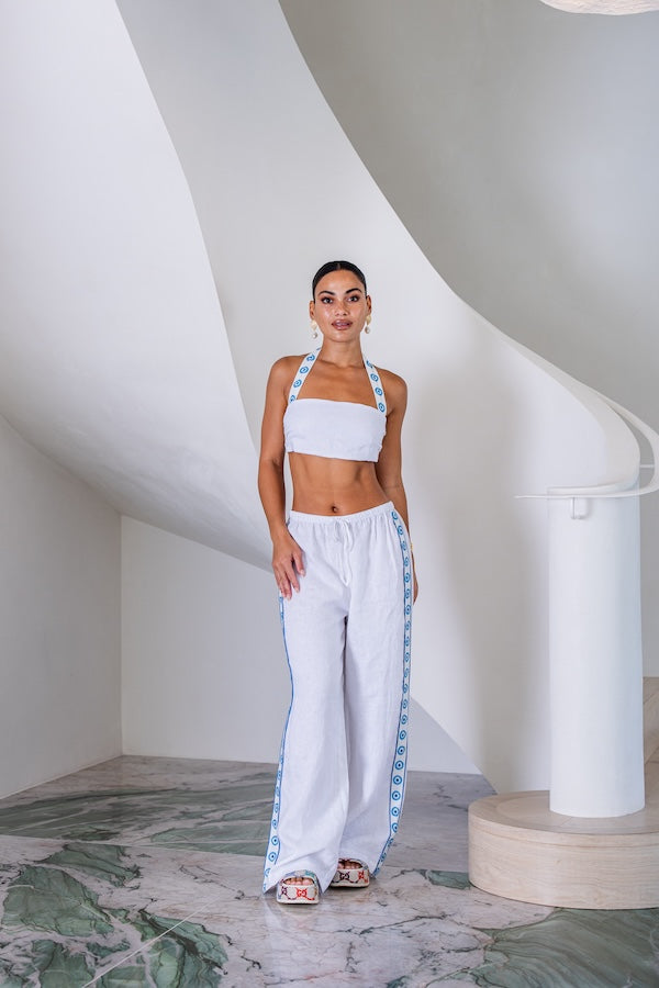 Sneaky Link | Greco Disco Linen Pant White Evil Eye | Girls with Gems