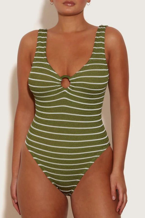 Hunza G | Celine Swim With Fabric Covered Hoops Metallic Moss/White | Girls with Gems