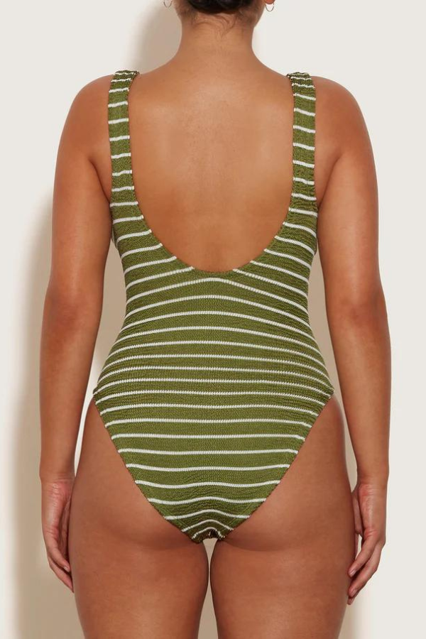 Hunza G | Celine Swim With Fabric Covered Hoops Metallic Moss/White | Girls with Gems